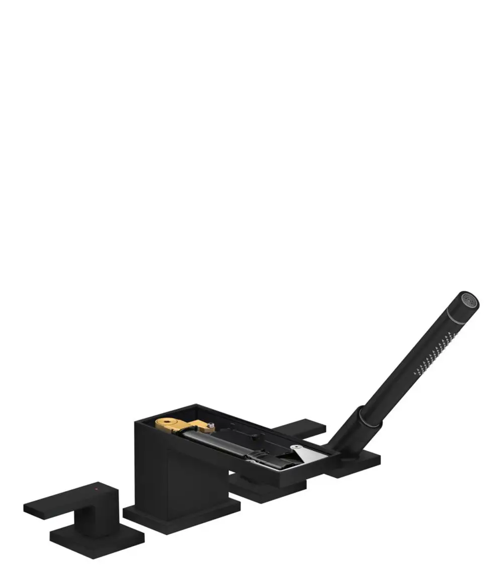 Schwarze 4-Loch-Wannenrandarmatur von AXOR mit separatem Bedienhebel und innovativem Wasserstrahldesign. Komponenten in mattschwarzem Finish.